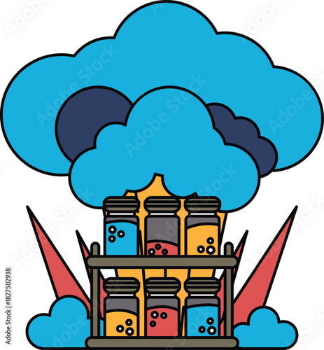 A white background with a cloud and a row of jars