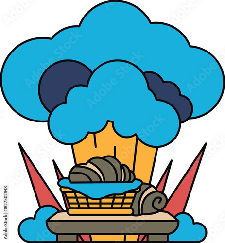 A white and black drawing of a cloud with a basket of food in it