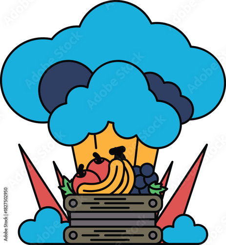 A black and white drawing of a cloud with a person and a bunch of fruits in it