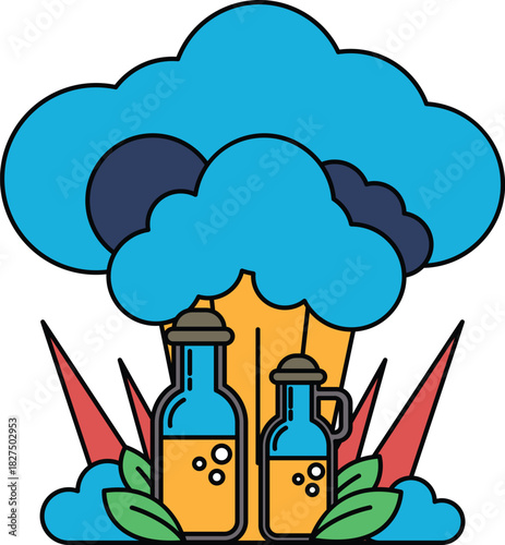 A black and white drawing of two bottles of oil and a cloud