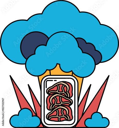 A white and black drawing of a cloud with a large object in the middle