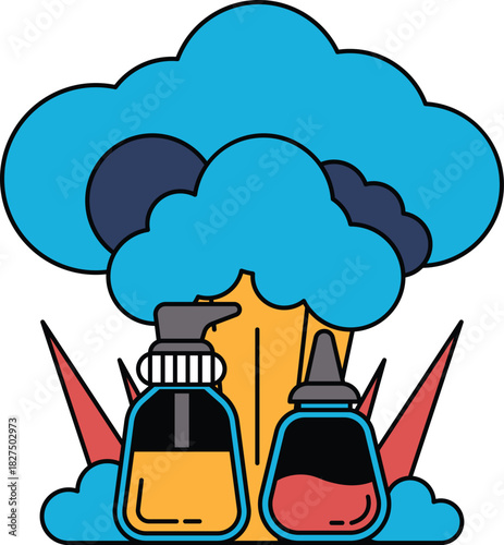 Two bottles of soap are shown in a field with a cloudy sky in the background