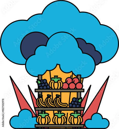 A black and white drawing of a cloud with a basket of fruit on top