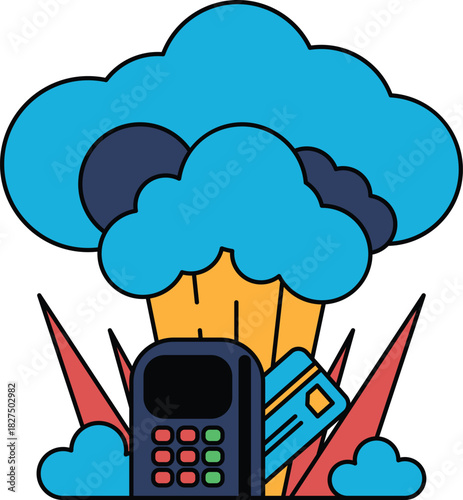 A black and white drawing of a cell phone, credit card, and a cloud