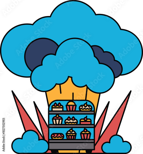 A cartoon of a bakery with a cloud of smoke coming out of it
