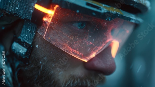 Focus and Determination: A close-up shot of a person with focused eyes, framed by technological eyewear, embodies resolve and readiness.