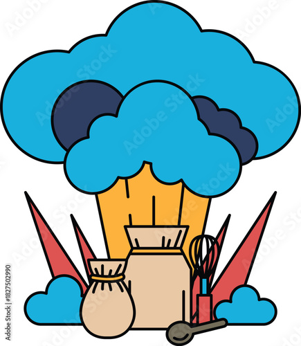 A black and white drawing of a cloud with a pot and a whisk on top of it