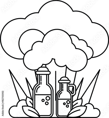 A black and white drawing of two bottles of oil and a cloud
