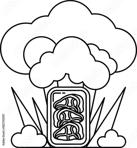 A white and black drawing of a cloud with a large object in the middle
