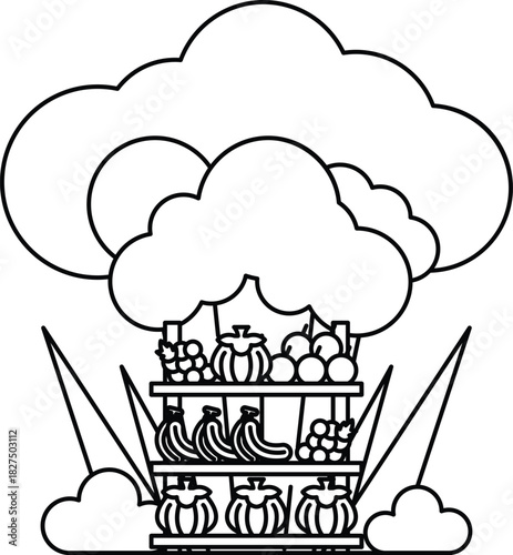 A black and white drawing of a cloud with a basket of fruit on top