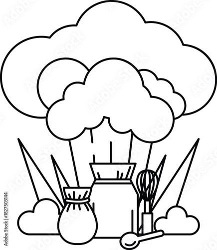 A black and white drawing of a cloud with a pot and a whisk on top of it