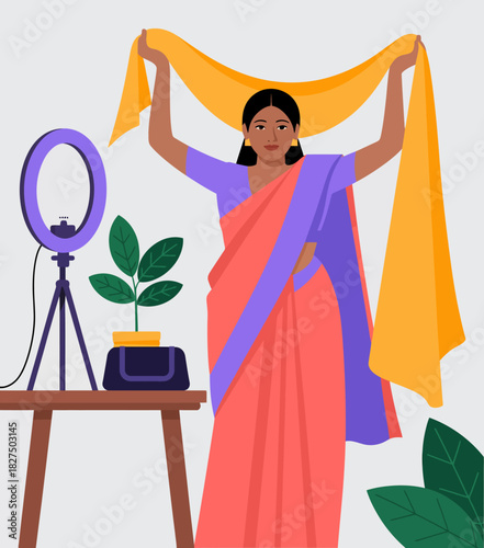 This image showcases a woman wearing a vibrant saree, holding a yellow shawl over her head, surrounded by decorative elements representing culture and elegance in modern settings.