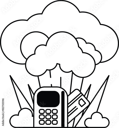 A black and white drawing of a cell phone, credit card, and a cloud