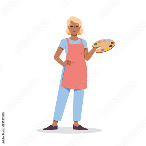 A confident female artist showcasing her creativity with a palette in hand, wearing an apron, demonstrating enthusiasm and passion for art and self-expression.