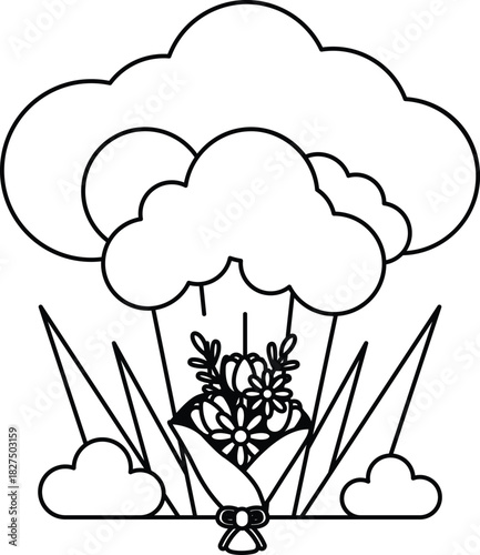 A bouquet of flowers is placed in front of a large cloud