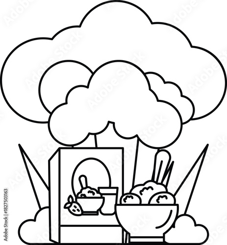 A white and black drawing of a tree with a box of cereal and a bowl of ice cream