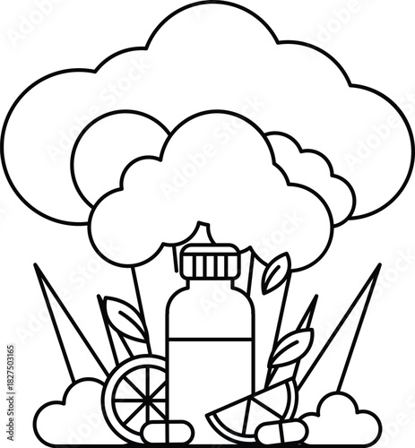 A bottle of juice is surrounded by a cloud of smoke