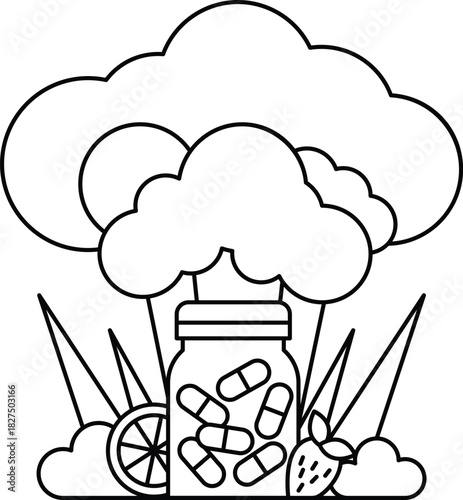 A jar of pills is surrounded by a cloud of smoke