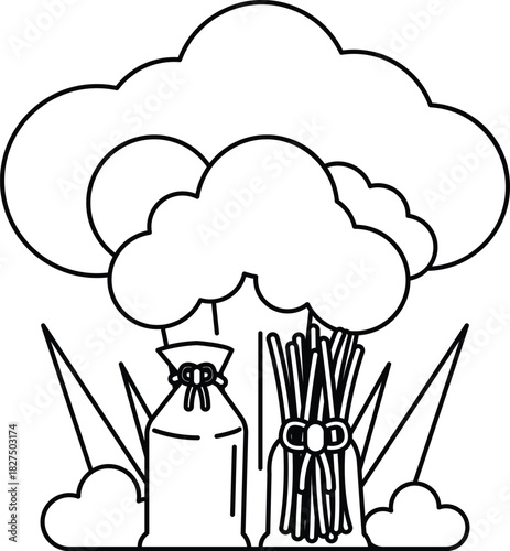 A white and black drawing of a cloud with a bag of flour and a bundle of straw