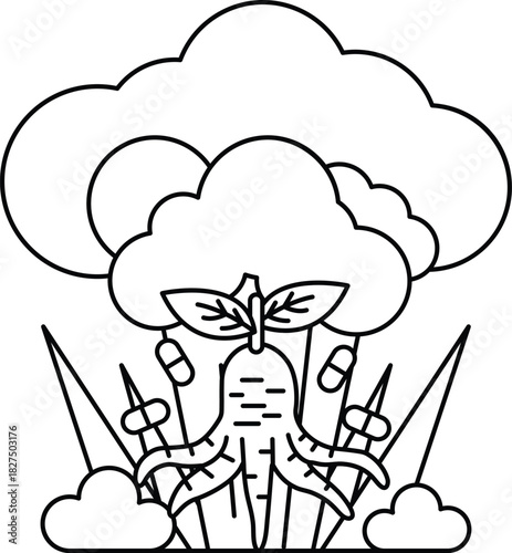 A drawing of a broccoli plant with a carrot growing out of it