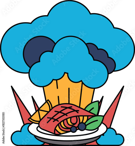 A plate of food with a cloud of smoke above it