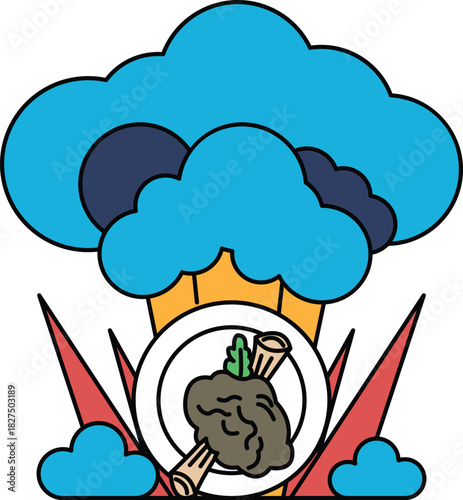 A white background with a large cloud and a plate with a brain on it