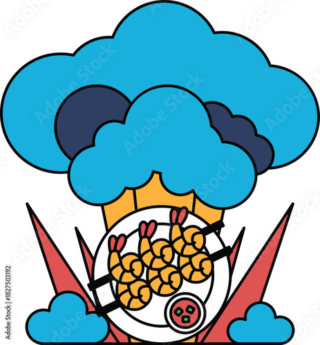 A black and white drawing of a plate of food with a cloud in the background