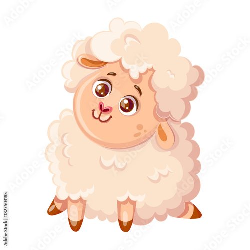 Cute vector cartoon sheep character for kids, perfect for nursery designs, stickers, educational materials and also suitable as a friendly illustration for natural, organic farm related food products.