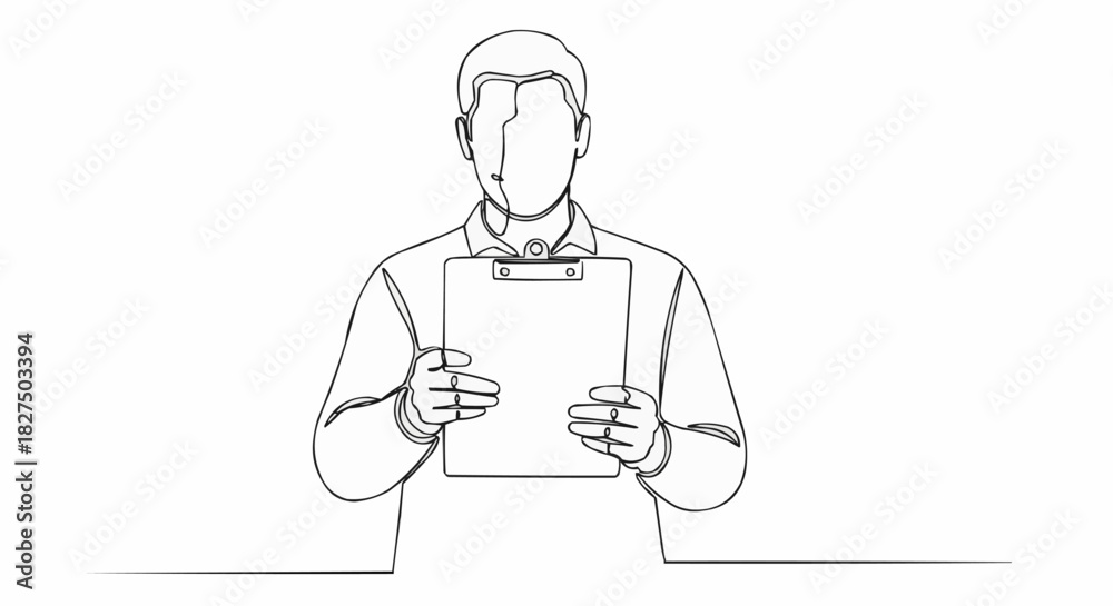 Fototapeta premium Man holding clipboard in continuous line drawing style.
