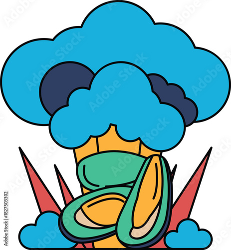 A white and black drawing of a broccoli and a mushroom