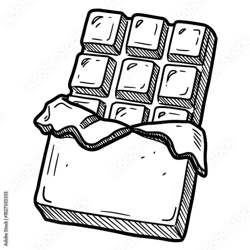 Chocolate bar with wrapper partially peeled back on white background  