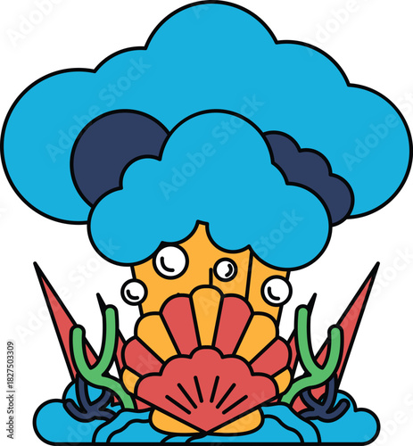 A white drawing of a cloud with a shell and a tree