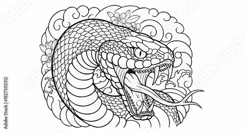 Detailed Line Art Illustration of a Striking Snake Head.