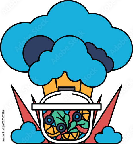 A black and white drawing of a chef cooking food in a pot