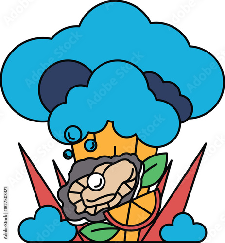 A cartoon drawing of a cloud with a flower and a lemon on it