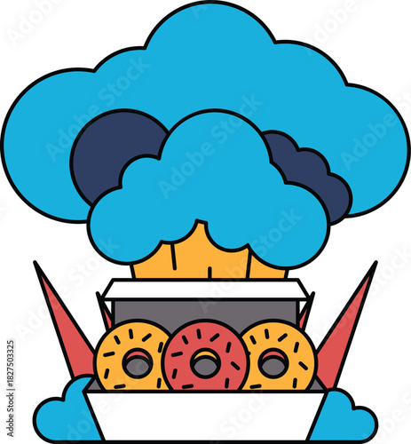 A box of donuts is shown with a cloud of smoke coming out of it