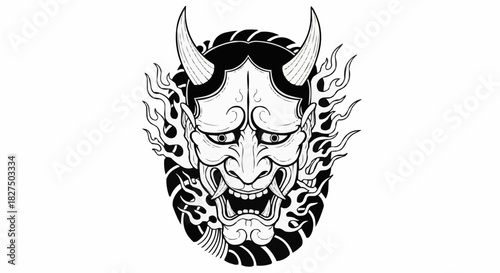 Traditional Japanese Hannya Mask with Demonic Features and Flames.