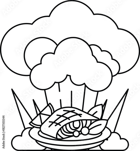 A plate of food with a cloud of smoke above it