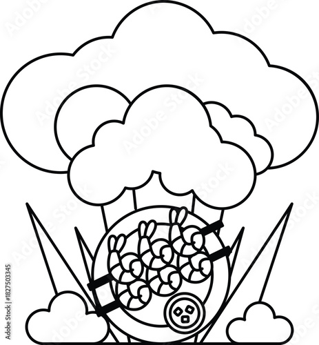 A black and white drawing of a plate of food with a cloud in the background