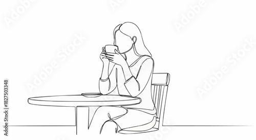 Simple line art drawing of a woman sitting at a table drinking coffee.