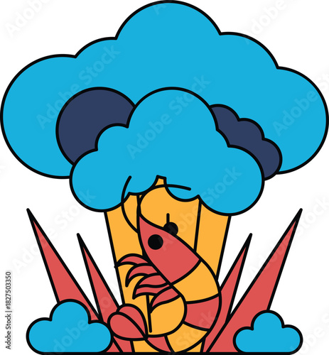 A cartoon of a shrimp sitting in a field of grass