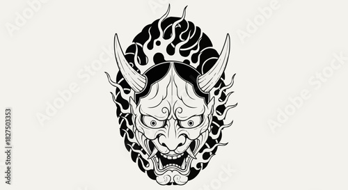 Intricate Japanese Oni Mask Depicting Demon with Fiery Details.