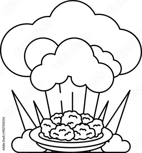 A white background with a cloud and a plate of food