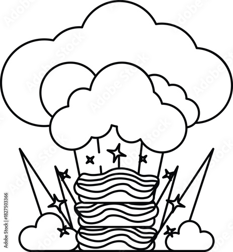 A black and white drawing of a cloud with a star and a lightning bolt
