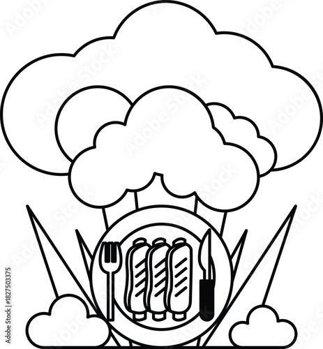 A plate of food with a knife and fork on it