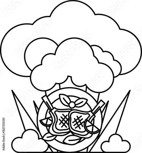 A plate of food with a chef hat on top of it