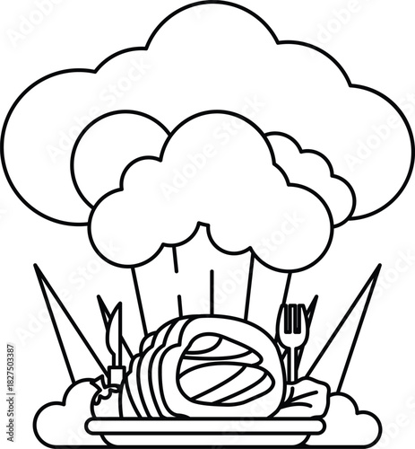 A chef is cooking food in a kitchen with a cloud of smoke