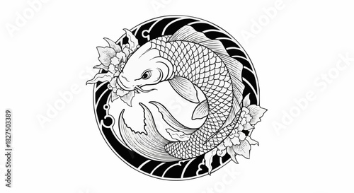 Intricate koi fish design within a circular frame, detailed artwork.