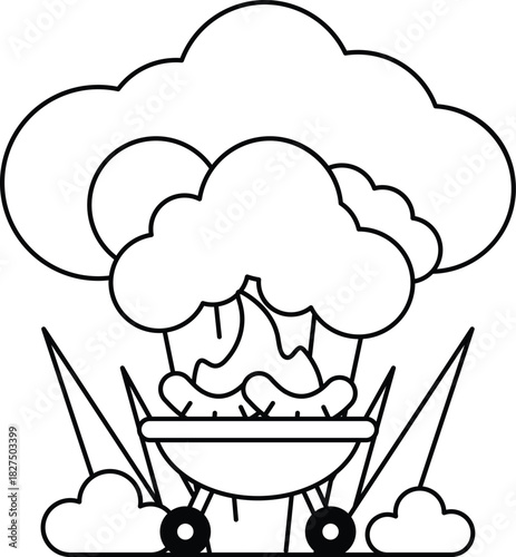 A cartoon of a broccoli with a grill on top of it