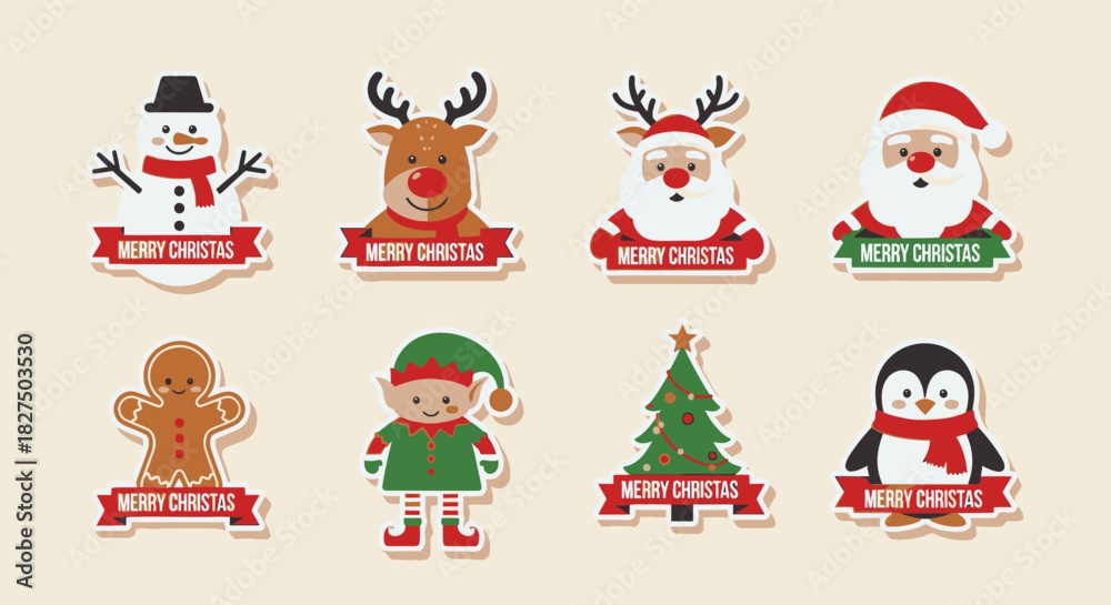 Fototapeta premium Festive Christmas cartoon sticker set with Santa, reindeer, snowman, elf, gingerbread man, penguin and tree, perfect for holiday cheer and seasonal designs